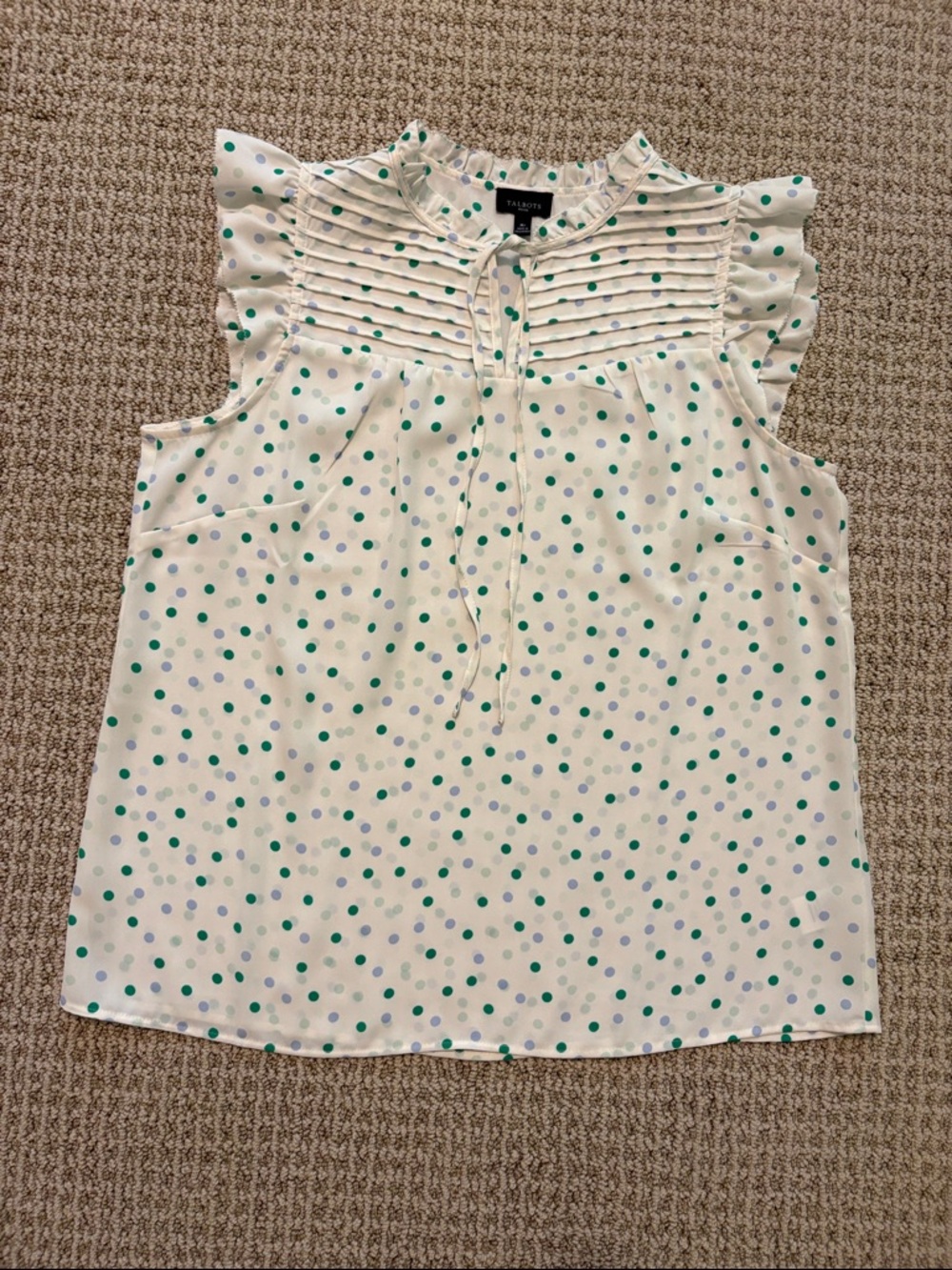 Talbots Cream Polka Dot Pintuck Tie-Neck Shell